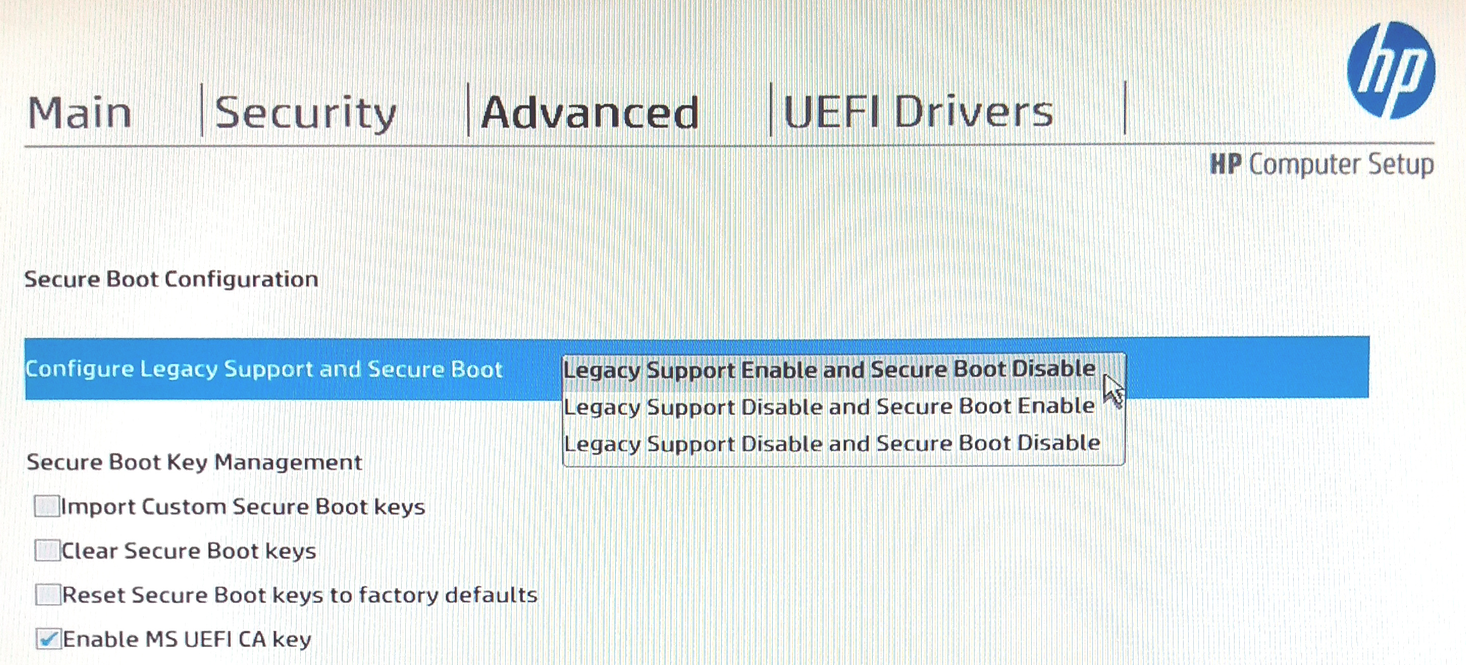 BIOS setup screen showing Secure Boot options