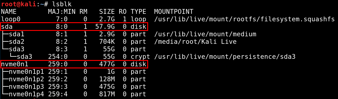 lsblk command shows storage devices connected to the target system