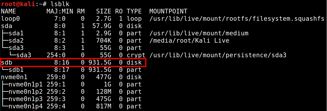 lsblk command shows the external hard drive is /dev/sdb